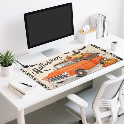 Heated Desk Pad Mouse Pad 31.5x13 Inch PU Leather Desk Mat with 3 Heat Levels Large Mouse Gaming Computer Laptop Mat Halloween Plaid Pumpkin Bat