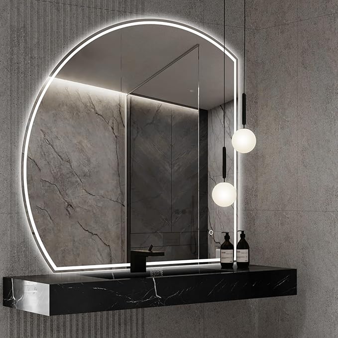 Niccy Half Moon Led Mirror for Bathroom, 48" Semi Round Backlit Mirror for Wall Lighted Mirror with Frameless 3 Color, Defogger, Explosion-Proof, HD Glass and IP65 Vanity Mirror