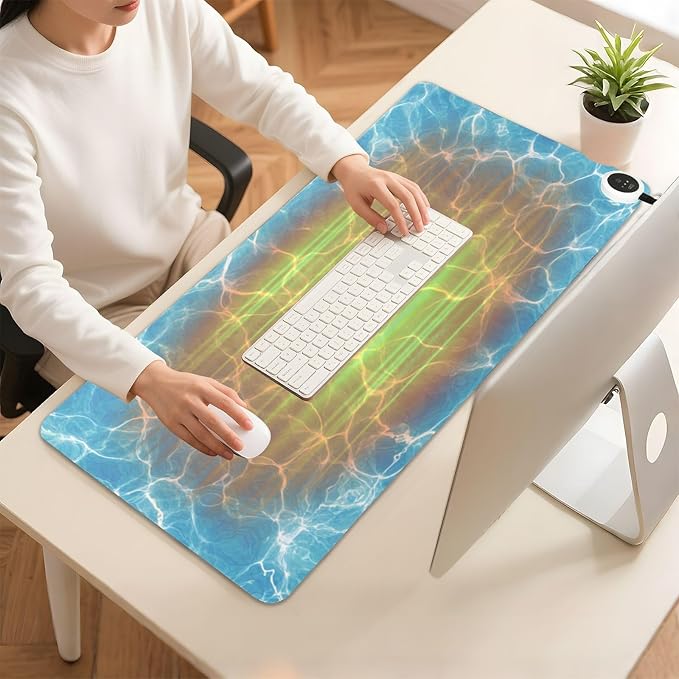 Heated Desk Pad Mouse Pad 31.5x13 Inch PU Leather Desk Mat with 3 Heat Levels Large Mouse Gaming Computer Laptop Mat Bright Blue Pool Ripples