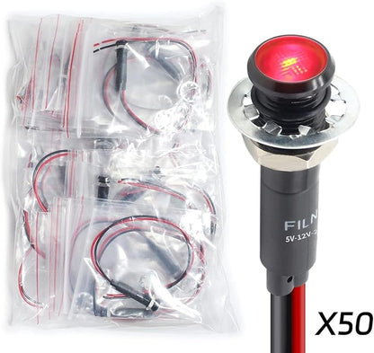 50Pcs 8MM (5/16") Indicator Light 12V 24V Metal Pilot Lamp Lights Aluminum Black Anodized Waterproof ip67 Red Signal Lamp Light(12V-24V Black Anodized-Red)