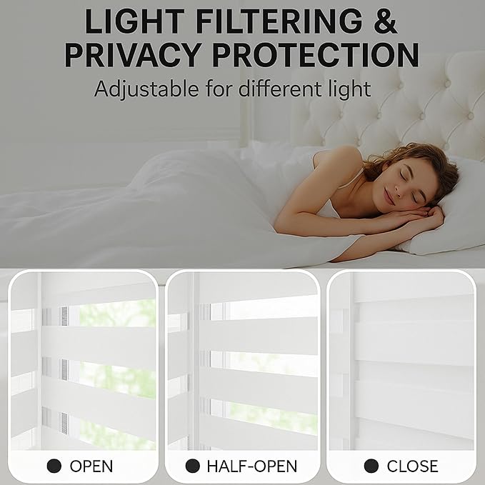 Shadesu Cordless Zebra Blinds for Windows, 48" W x 72" H, White, Dual Layer Free-Stop Zebra Shades, Light Control for Day and Night, Sheer Blinds for Indoor Windows, Bedroom, Kitchen