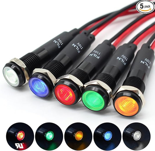 5Pcs 8MM (5/16'') Indicator Light led Indicator 110v 120v Metal Pilot Lamp Lights Aluminum Waterproof ip67 Red Signal Lamp Light(110V-Black Anodized-Red Green Yellow Blue White 5Pcs)
