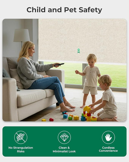 Allesin Motorized Roller Blinds – Rechargeable Smart Shades with Remote & Quiet Motor, Top/Bottom Aluminum Rails, Alexa-Compatible for Window (32" W x 72" H, 100% Blackout Sand-Linen)