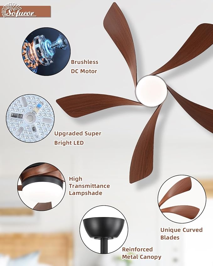 Sofucor 45" Smart Ceiling Fan, Indoor/Outdoor Ceiling Fans with Lights and Remote, Work with Alexa/Google/App, 3-Color Light 6-Speed Timing Reversible DC Motor for Bedroom Living Room Patio