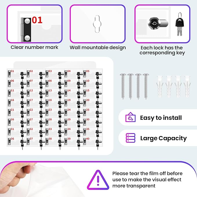 40 Slots Cell Phone Locker Box, Clear Phone Storage, Acrylic Cell Phone Lock Box with Door Locks and Keys, Wall Mounted Cell Phones Cabinet for Office School Classroom Factory