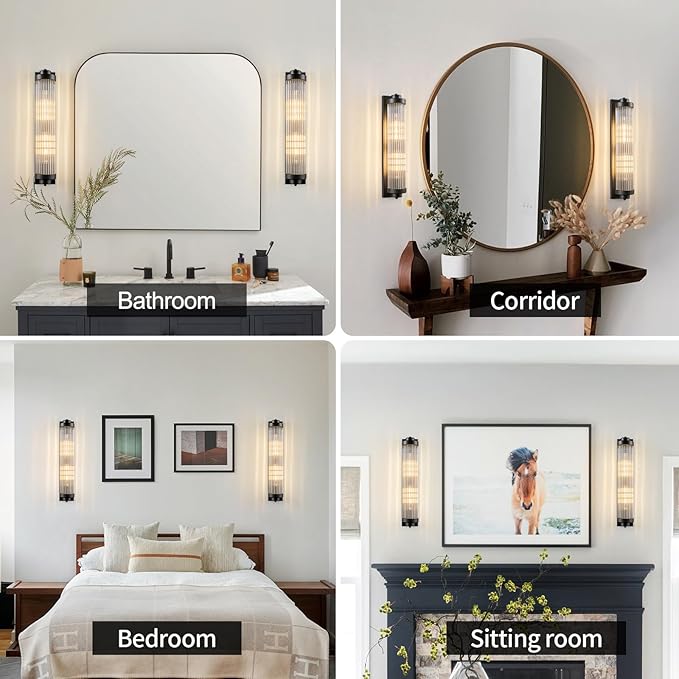 Black Wall Sconces with Crystal Glass Strip Bathroom Sconces 2 Light E12 Base Modern Wall Lights for Bedroom Living Room Hallway Wall Light Fixtures (1 Pack)
