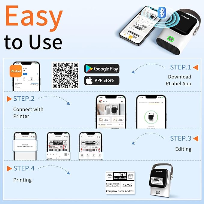 Rongta Bluetooth Label Maker Machine with Tape, Thermal Label Printer for Office, Small Business Essentials, Home Organization, Portable Inkless Sticker Label Maker with 2x1.18 inch Labels