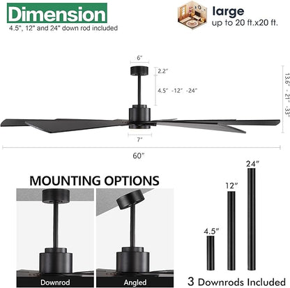 WINGBO 60" DC Ceiling Fan with Lights and 3 Downrods, Matte Black Ceiling Fan, 8 Plywood Blades, 6-Speed Reversible DC Motor, Large Ceiling Fans for Kitchen Bedroom Living Room