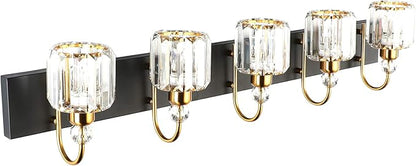 Ralbay Modern LED Bathroom Vanity Lights 5-Lights Crystal Vanity Lights Over Mirror Modern Black Bathroom Vanity Lighting Fixtures