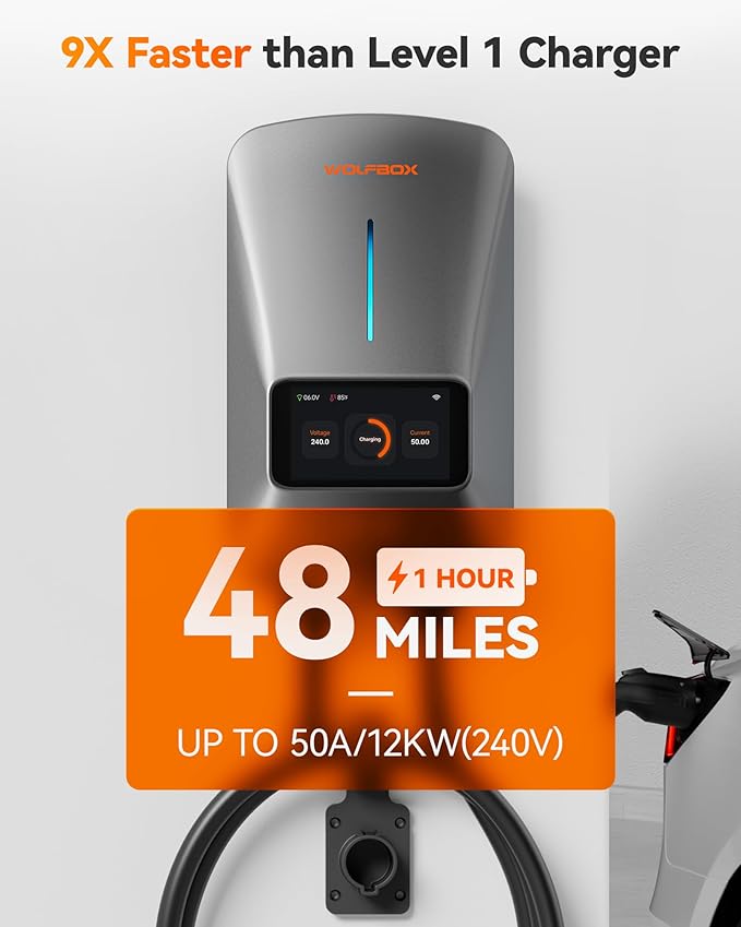 WOLFBOX EV Charger Level 2 50 Amp - Smart Display, RFID Card, 25ft Cable, Outdoor/Indoor, Hardwired Level 2 Charger, WiFi Enabled Electric Car Charger, 240V Electric Vehicle Charging Stations