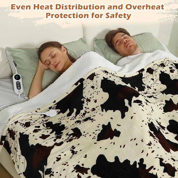 Heated Twin Blanket, 60"x80" Cow Print Electric Twin Heating Blanket, Cozy Soft Flannel Sherpa Heating Blankets with 9 Heat Levels & 2/4/8/12H Auto-Off