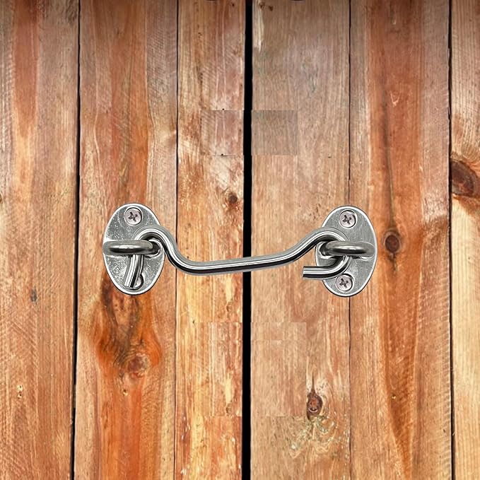 4 Pack 4" Hook and Eye Gate Latch, Stainless Steel Rust-Resistant Barn Door Lock Cabin Hooks for Gate Shutters Window Slide Barn Shed Cabinet Bathroom, with 16pcs Screw,Silver