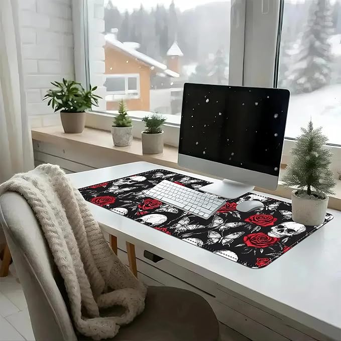 Heated Mouse Pad with 3 Temperature Settings(104°F–122°F),Large 31.5x13 Inch PU Leather Heated Desk Mat,Waterproof Warming Pad for Office,Gaming & Cold Hands Relief,Skeleton Skull Rose