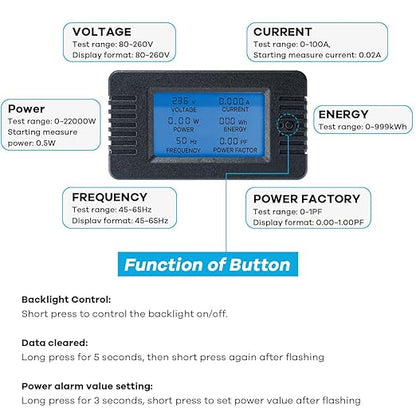 AC 80-260V 100A Multi-Function Power Monitor LCD Digital Display Voltage Current Frequency Power Factor Energy Meter Ammeter Voltmeter with Split Core Current Transformer