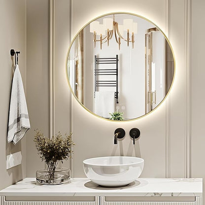 Niccy Round Led Mirror for Bathroom, 24" Backlit Mirrors for Wall Circle Lighted Mirror with Old Gold Frame Anti-Fog, 3 Colors, HD Glass and IP65 Waterproof