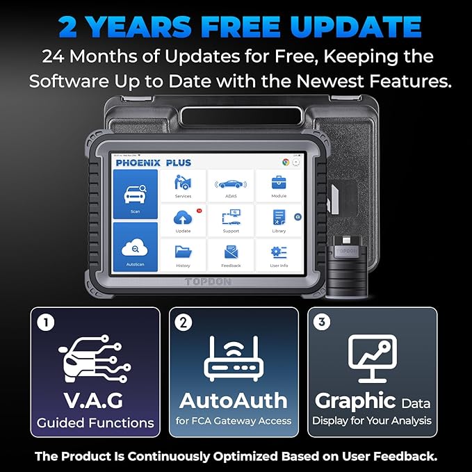 TOPDON Scanner Phoenix Plus, OE-Level ECU Code Scan Tool with Bidirectional Control, Topology Map, All System, 41+ Services, FCA SGW AutoAuth, V.A.G Guided, 2-Years Free Update, Module Configuration