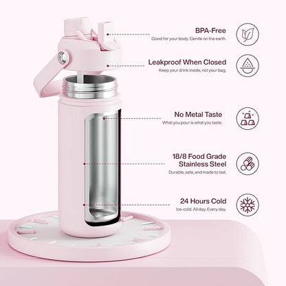 ENCOOL Insulated Water Bottle with Straw Stainless Steel Water Bottle, Leak-Proof, BPA-Free, Double Wall Vacuum Keeps Cold for 24 Hours for Sports, Travel, School (18 oz, Cotton Candy)