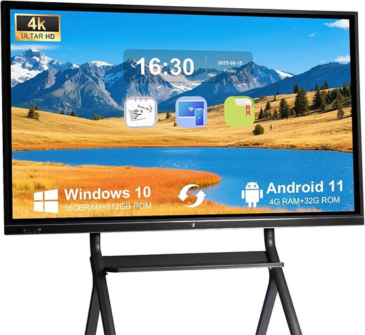 75" Smart Board, 4K UHD Interactive Whiteboard, Digital Touchscreen Smartboard with Open App Ecosystem & Dual System, Ideal for Classroom, Home, Office, Business (Wall Mount Included)
