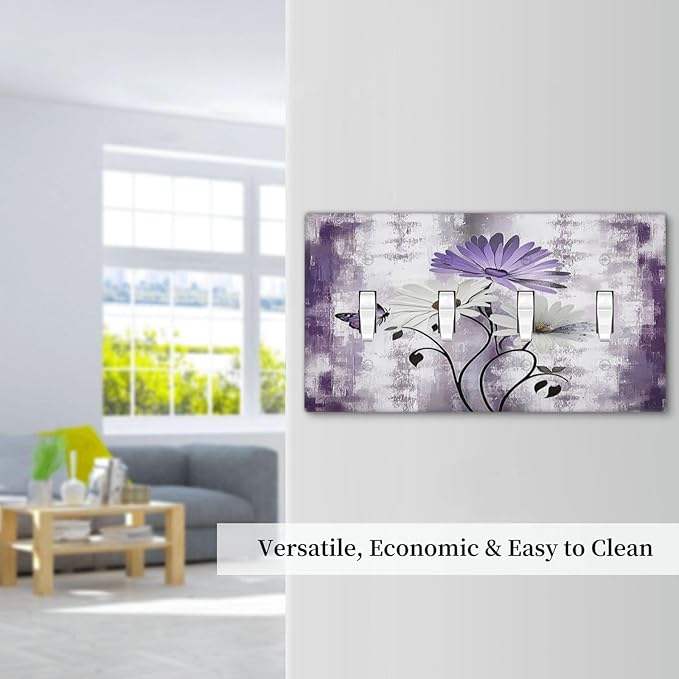 Light Switch Cover Plate Purple Daisy White Floral Butterfly Flowers Quad Toggle Wall Plates Decorative Switch Plates 4 Gang Outlet Covers Electrical Panel Cover Faceplate for Home Decor 4.5 X 8 IN