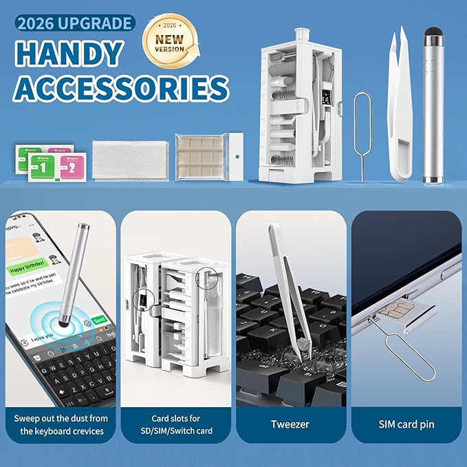 2026 Upgrade Phone Cleaning Kit 47PCS, iPhone Cleaning Kit, Airbud AirPods Cleaning Kit, Keyboard Cleaning Kit, Charging Port Cleaner for Apple Lightning/Android USB-C (White)