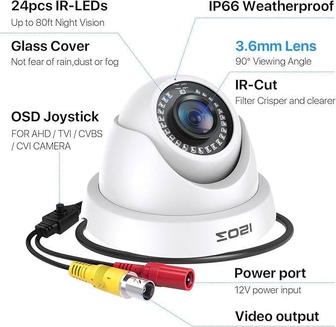 ZOSI 2MP HD Hybrid 4-in-1 Security Camera, 1080P 1920TVL Indoor Outdoor CCTV Dome Camera, 80ft Night Vision, IP66 Weatherproof, Compatible with HD-TVI, AHD, CVI and CVBS/960H Analog DVR Systems