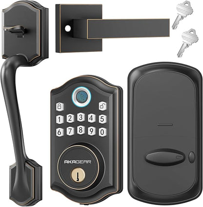 DS10 Keyless Entry Door Lock with Handle Set - Fingerprint Deadbolt, Electronic Keypad Deadbolt, Smart Locks for Front Door, Auto-Lock & One Touch Locking - Oil Rubbed Bronze
