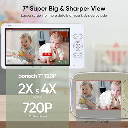 bonoch MegaView Baby Monitor with 2 Cameras, 7" 720P HD Split Screen Baby Monitor No WiFi, Video Monitor with Camera and Audio, 6000mAh, VOX Mode, 2 Way Audio, Remote PTZ, Night Vision