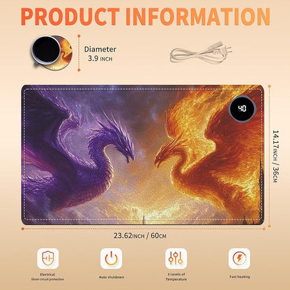 Heated Mouse Pad 23.6 x 14 in 3-Temp Fast Heating Desk Mat with Auto Timer Warmer for Hands Wrist Pain Relief Waterproof Keyboard Mat for Office, Gaming, Home, Dragon Battle Art