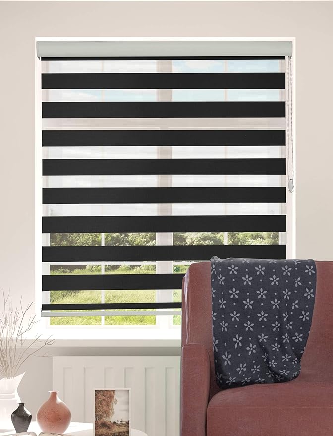 Shadesu Custom Size Zebra Blinds for Windows, 22" W x 72 H, Black, Dual Layer Free-Stop Zebra Shades, Light Control for Day and Night, Sheer Blinds for Indoor Windows, Bedroom, Kitchen