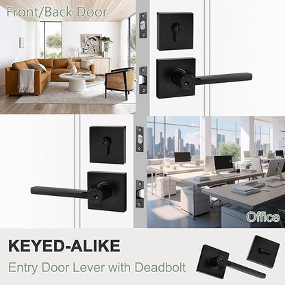 Keyed Entry Door Handle with Single Cylinder Deadbolt, Keyed Alike(Same Keys Only Per Set) Front Door/Exterior Door Lever Lockset, Matte Black, 6 Sets of Locks with 6 Sets of Different Keys