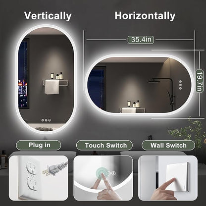 S'bagno 2pcs 20x36 Oval LED Bathroom Mirror with Lights, Anti-Fog, Bluetooth Speaker, 3 Colors Temperature & Dimmable, Lighted Mirrors for Bathroom Wall with Memory Function, Waterproof, Shatter-Proof