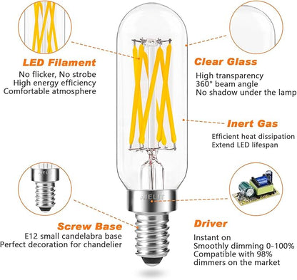 Dimmable Filament 6W Clear Glass LED Light Bulb, E12 Small Candelabra Base, 60-Watt Equivalent Tubular Soft White 3000K, 600 Lumens, T8 Vintage Edison Bulb for Chandelier, Home (4-Pack)