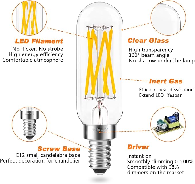 Dimmable T8 Antique LED Light Bulb, E12 Small Candelabra Base, 60W Equivalent Tube Soft White 3000K, 600 Lumens, 6-Watt Filament Edison Bulb for Chandelier, Home, Clear Glass (8-Pack)