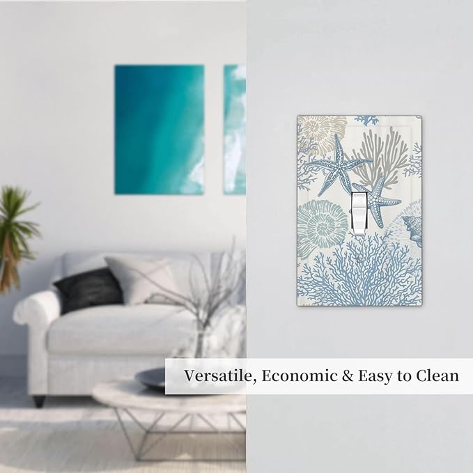 Decorative Light Switch Plate Covers Blue Starfish Coral Seaweed 1 Gang Light Switch Cover Plate Single Toggle Wall Plate Outlet Covers Faceplate for Bathroom Bedroom Decor （2 Pack）