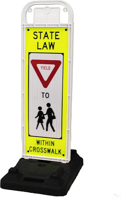 YIELD TO PEDESTRIANS, MUTCD COMPLIANT. Crossing Sign for School Zone/Crosswalks - U-Frame & 37lb U-Base (Sign and base ship separately) (Fluorescent Yellow-Green, YIELD TO PEDESTRIANS)