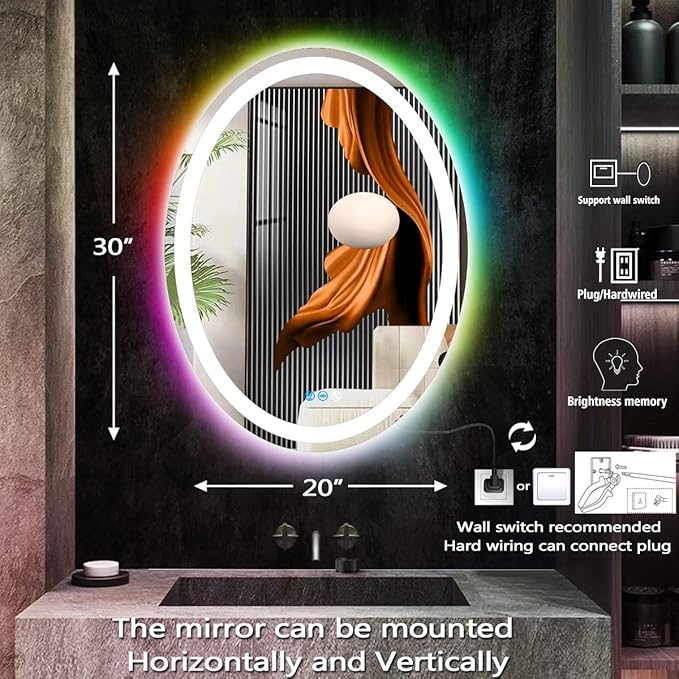 THEKLA 20 x 30 Inch LED Oval Mirror with 3 Color Front Lights + RGB Rainbow Color Changing Backlit Oval Lighted Vanity Mirror for Bathroom Wall Dimmable AntiFog 30in Ovals Smart Light up Mirrors