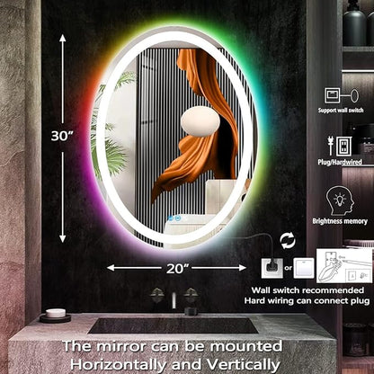 THEKLA 20 x 30 Inch LED Oval Mirror with 3 Color Front Lights + RGB Rainbow Color Changing Backlit Oval Lighted Vanity Mirror for Bathroom Wall Dimmable AntiFog 30in Ovals Smart Light up Mirrors