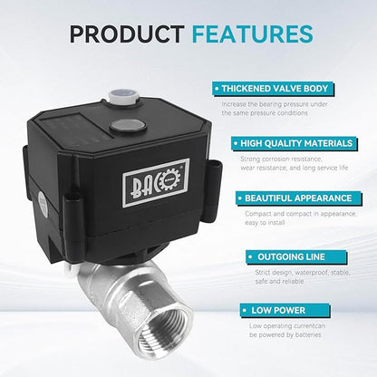 BACOENG Motorized Ball Valve, 2 Wire Auto Return 3/4" Stainless Steel Electrical Ball Valve with Full Port, AC/DC9-24V Manually Closable (Normally Closed), Black