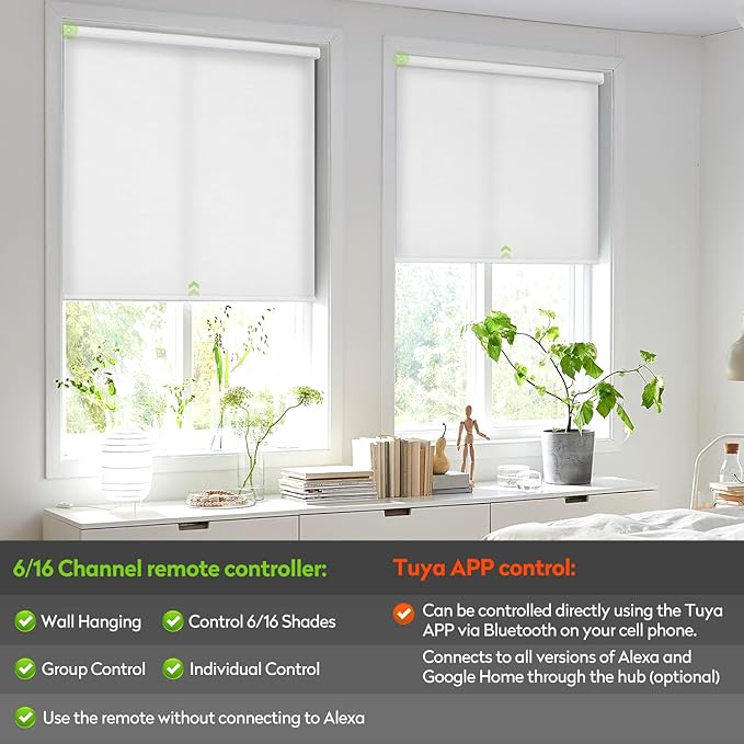 ZSTARR Motorized Light Filtering Roller Blinds with Remote Control,Rechargeable Smart Window Shades Compatible with Alexa Google via Hub,Fabric Wrapped Valance, Custom Size (Light White)