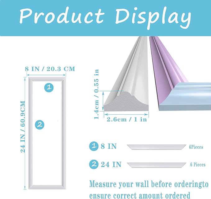 3 PCS Premade Wainscoting Panels Accent Wall Panels for Interior Wall Decor Easy DIY Build and Batten Chair Rail & Picture Frame Door Decor (8 x 24 in)