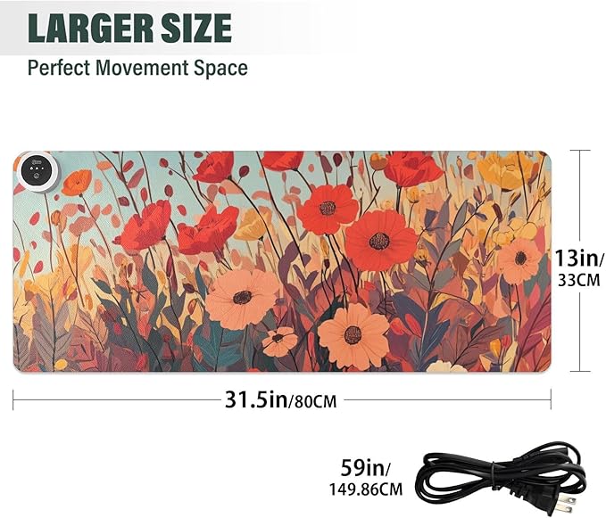 Heated Desk Pad Mouse Pad 31.5x13 Inch PU Leather Desk Mat with 3 Heat Levels Large Mouse Gaming Computer Laptop Mat Autumn Poppy Flowers