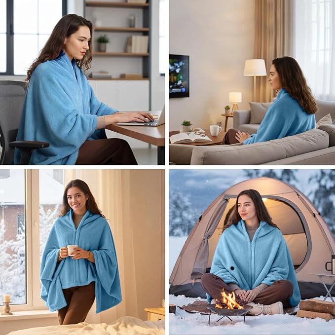 Graphene Heated Blanket Battery Operated, 20000mAh Battery 7.4V Fast Heating Blanket 70''x 35'' Portable Heated Shawl with Fleece Lining, Cordless Heated Shawl, Gift for Women (Blue)