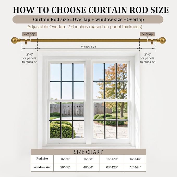 Modern Gold Curtain Rods for Windows 66 to 120 Inch Long Heavy Duty Brass Window Curtain Rod 1" Diameter Adjustable with Metal Finials for Living Room Bedroom Farmhouse Kitchen Outdoor