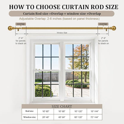 Modern Gold Curtain Rods for Windows 66 to 120 Inch Long Heavy Duty Brass Window Curtain Rod 1" Diameter Adjustable with Metal Finials for Living Room Bedroom Farmhouse Kitchen Outdoor