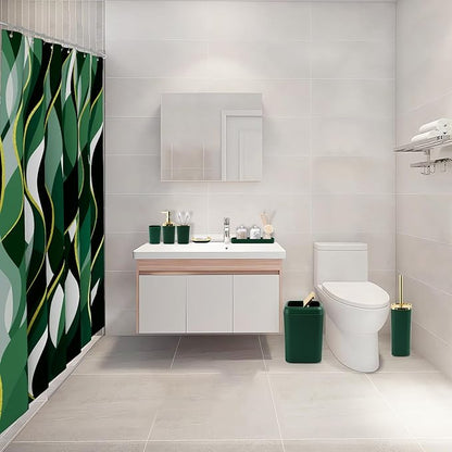 Green Bathroom Set, Bathroom Sets with Stripe Shower Curtain, Green and Gold Bathroom Accessories with Trash Can, Soap Dispenser, Soap Dish, Toilet Brush Holder, Qtip Holders for Bathroom