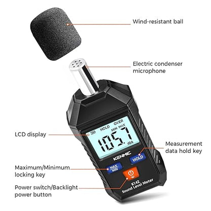 Decibel Meter, Portable Sound Level Meter with Backlit LCD (35-130dB(A) Range), Digital SPL Meter with MAX/MIN Data Hold, Noise Tester for Neighbors, Office, Workshop, and Classroom