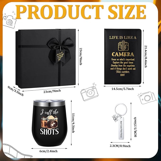 6 Pcs Photographer Gifts for Camera Lovers for Men Women 12 oz Stainless Steel Cup Socks Keychain Pen Notebook Box for Christmas Photography & Travelers Lovers