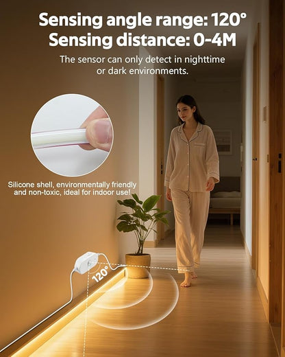 20FT Motion Sensor COB LED Light Strip Warm White 3000K AC 110V 288LEDs/M Waterproof IP68 Adjustable Time-Delay Flexible Motion Activated Led Strip Light Plug In for Stairs Courtyard Under Cabinet