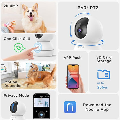 Noorio 2K Indoor Security Camera, Pet Camera with Speaker Pan&Tilt, One Click Call Baby Monitor Night Vision