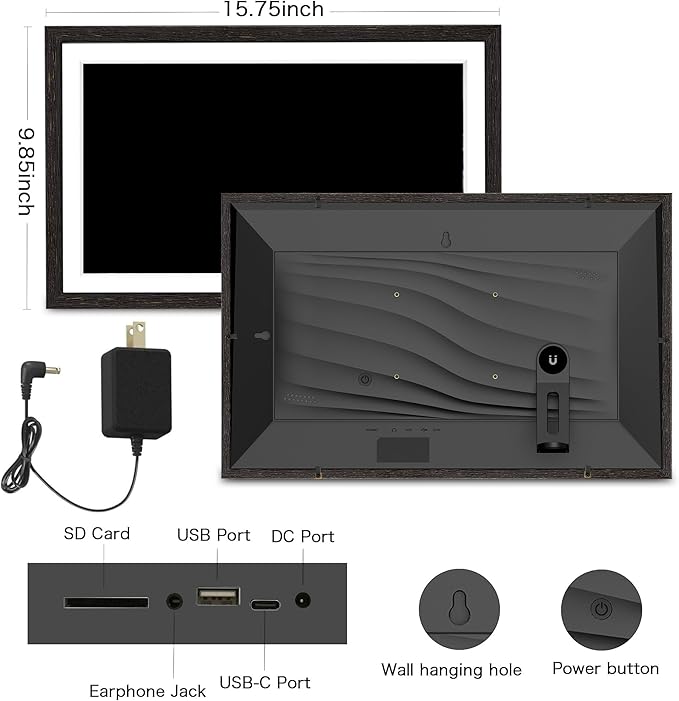 Digital Picture Frame, 15.6 Inch Frameo Digital Frame WiFi, 1920 * 1080 IPS FHD Touchscreen, 32GB, Tabletop&Wall-Mounted, Share Picture Video, Large Electric Photo Frame, Mom Gifts, Black Woodgrain